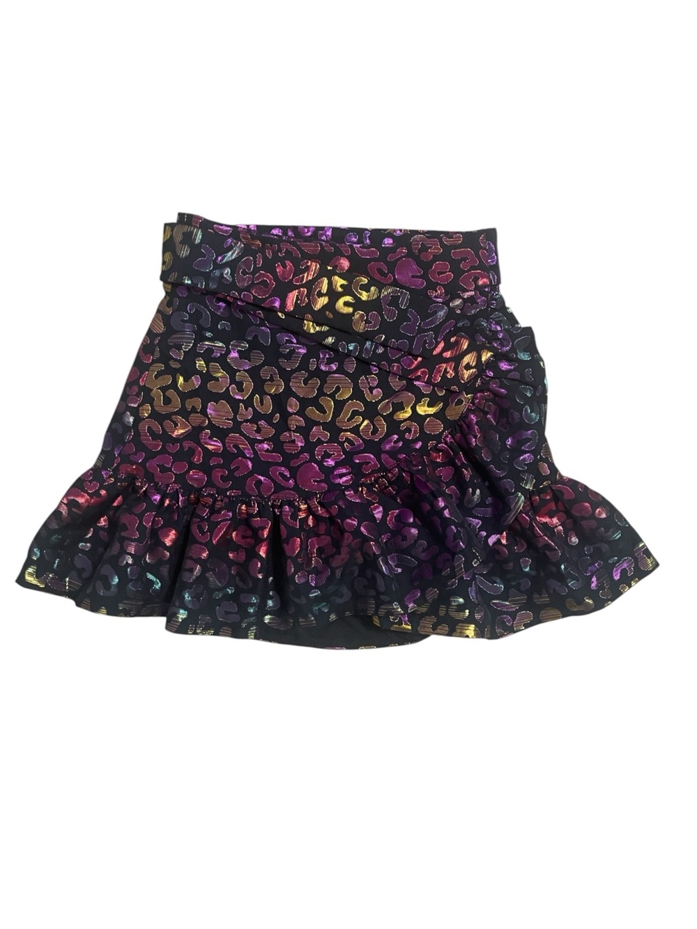 Black Metallic Rainbow Leopard Ruffle Wrap 
Mini Skirt Small